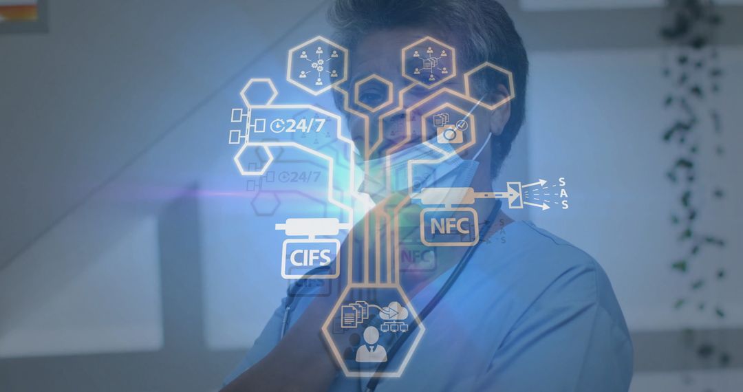 Doctor Interacting with Futuristic Medical Interface in Clinic