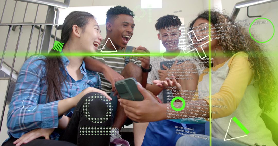 Multiracial teens laughing and sharing smartphone with augmented reality code overlays