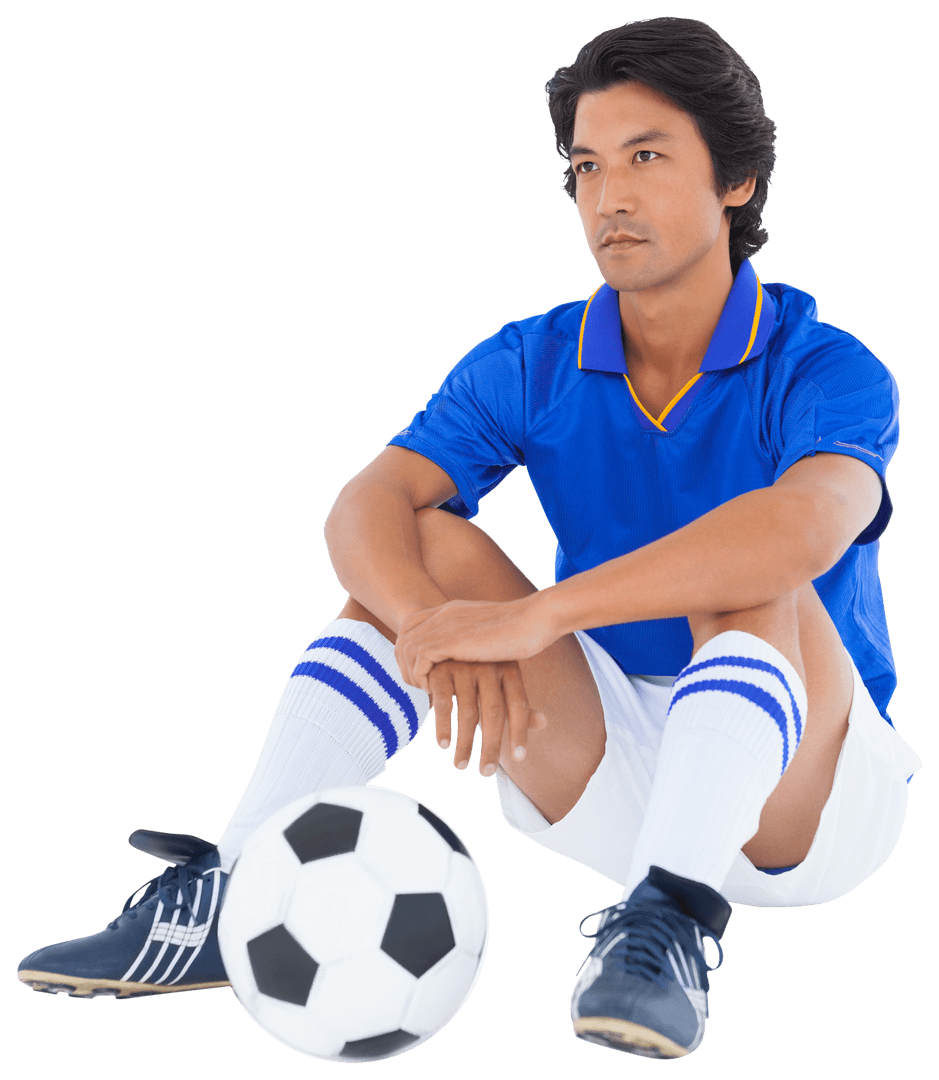 Transparent Soccer Player Sitting with Ball in Blue Kit