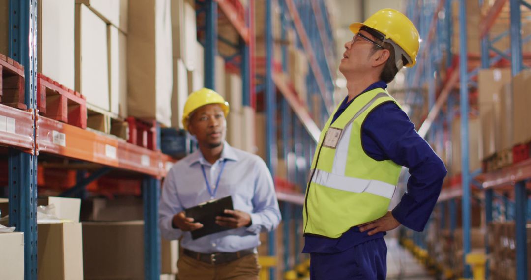 Warehouse Workers in Safety Gear Reviewing Inventory - Free Images, Stock Photos and Pictures on Pikwizard.com