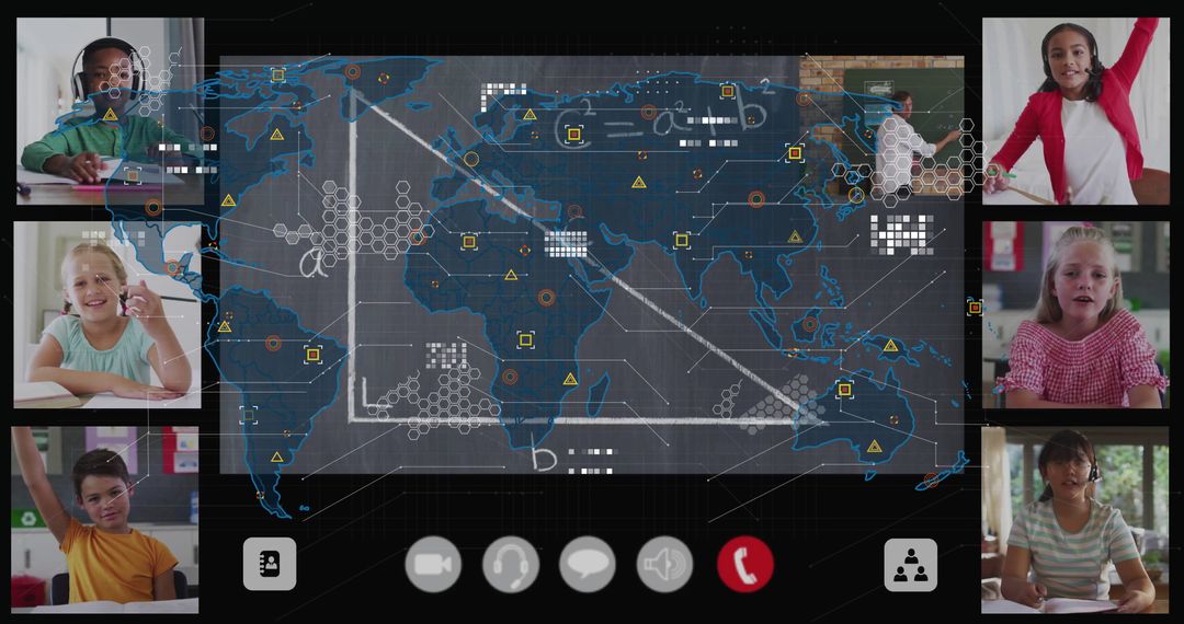 Virtual Classroom with Students and Digital Global Map Interface