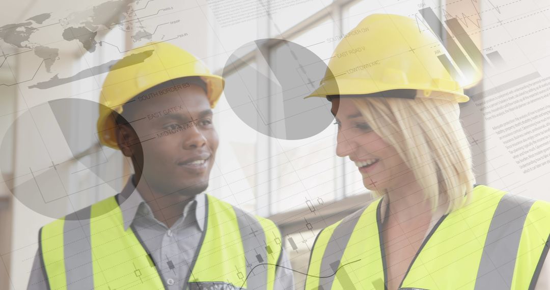 Two Architects in Hard Hats Reviewing Plans with Financial Overlays