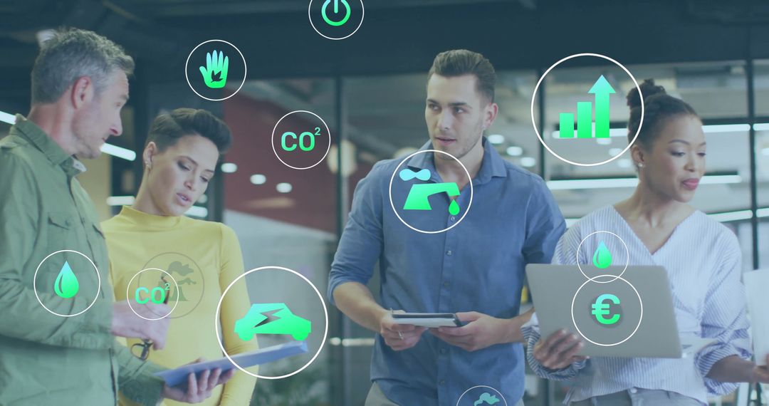 Eco-Conscious Team Analyzing Data with Digital Graphics Overlay