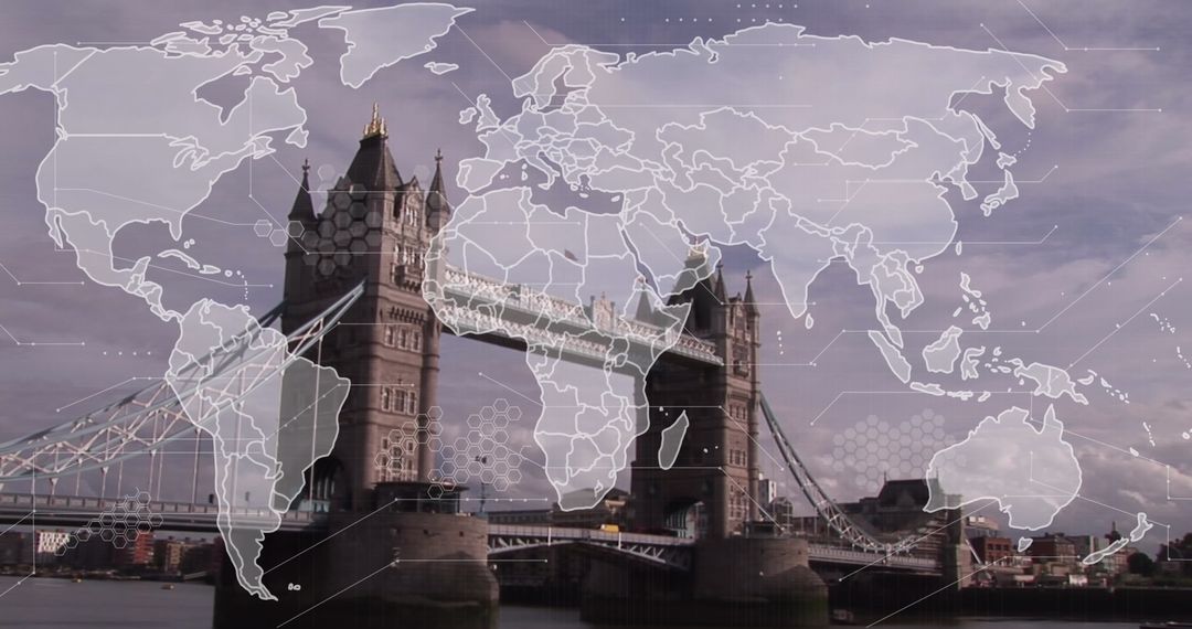Global Connections Concept with Digital World Map Overlaying Tower Bridge