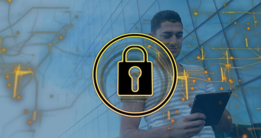 Hispanic Man with Tablet Overlaid by Cybersecurity Symbol