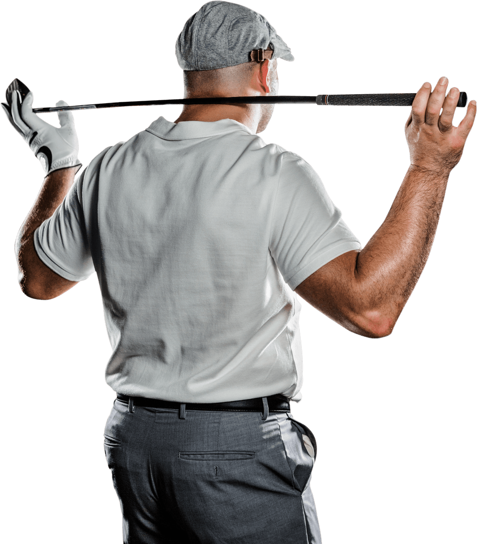 Rear View of Golf Player Holding Club on Transparent Background