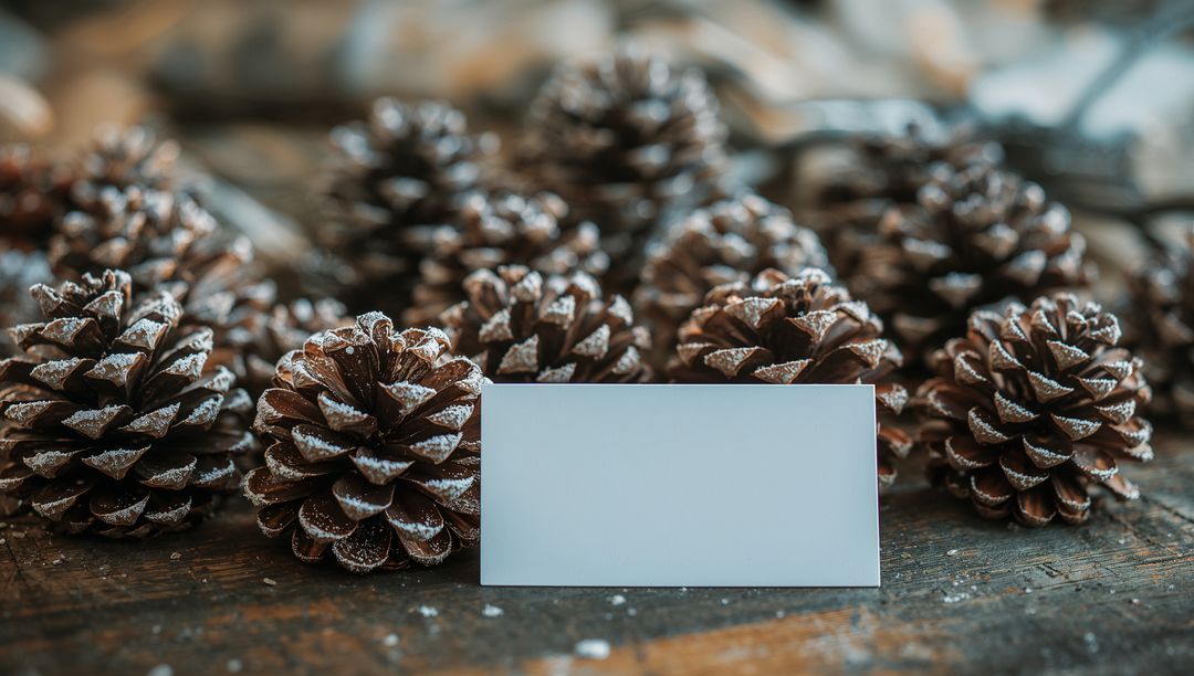 Blank Rectangular Card on Rustic Table with Frosty Pine Cones
