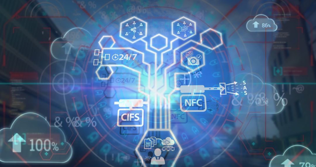 Global Digital Interface and Data Processing Art over Skyscrapers