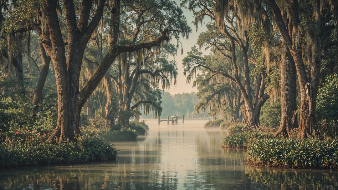 Serene Bayou with Misty Reflections and Live Oaks