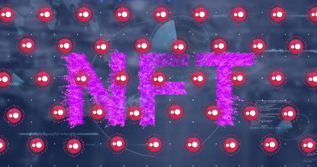 NFT Text Overlay with Viral Cells on Dark Background