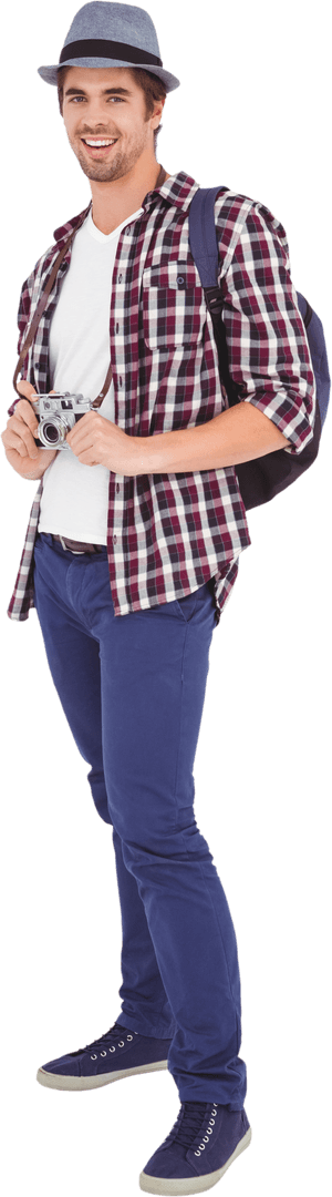 Happy Young Man in Hat Holding Camera On Transparent Background
