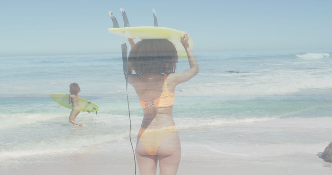 Female Surfer Embracing Waves with Double Exposure Effect