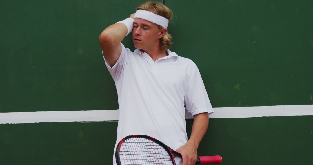 Tired Male Tennis Player Resting Against Wall - Free Images, Stock Photos and Pictures on Pikwizard.com