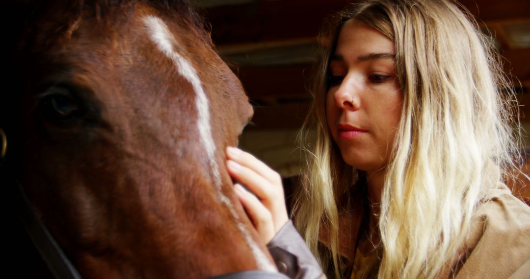 Young Woman Connecting with Horse in Stable - Free Images, Stock Photos and Pictures on Pikwizard.com