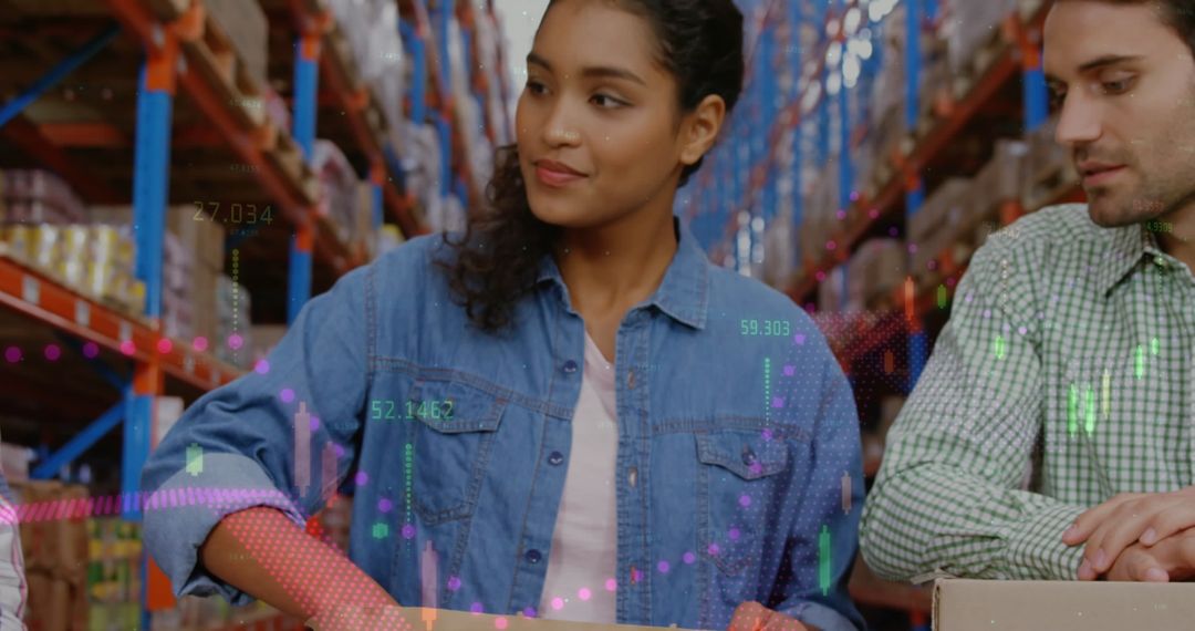 Warehouse Workers Analyzing Data with Digital Overlay in Logistics Facility