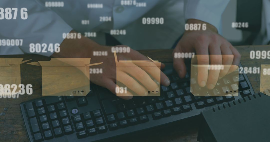 Woman Typing with Digital Numbers and Shipping Boxes Overlay