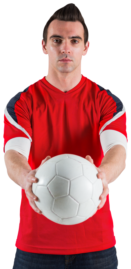 Handsome football fan holding soccer ball and looking at camera on transparent background - Download Free Stock Images Pikwizard.com