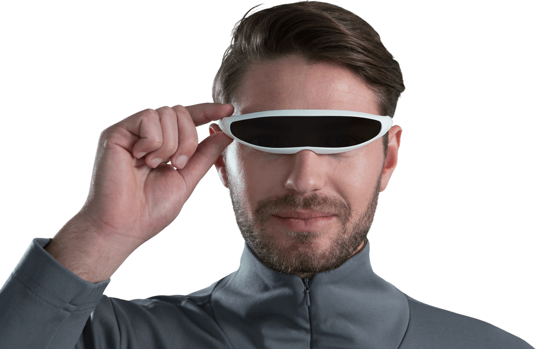 Man Interacting with Futuristic Transparent Virtual Reality Glasses