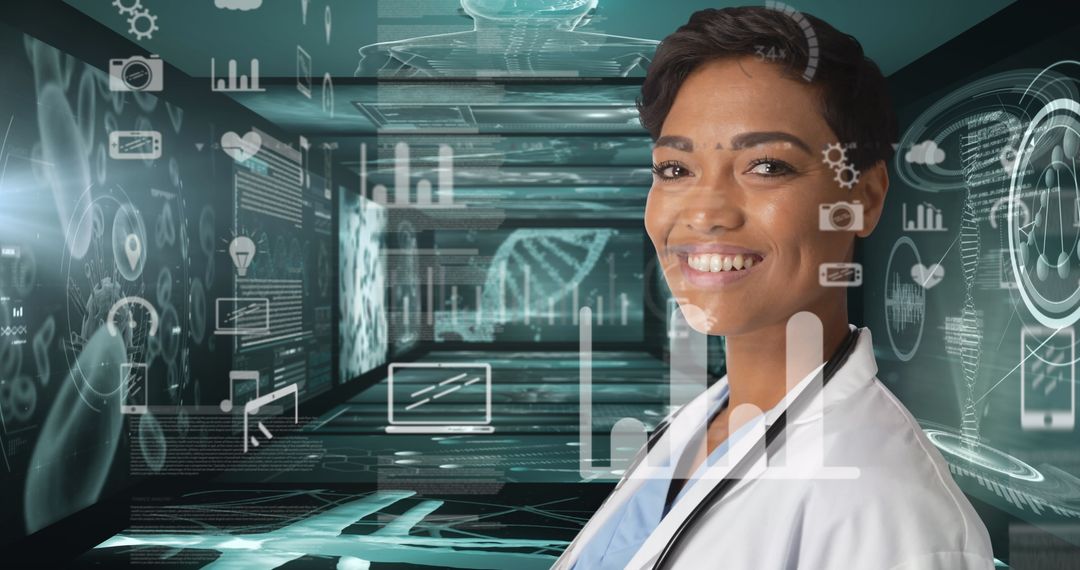Smiling Female Scientist Engaging with Futuristic Interface