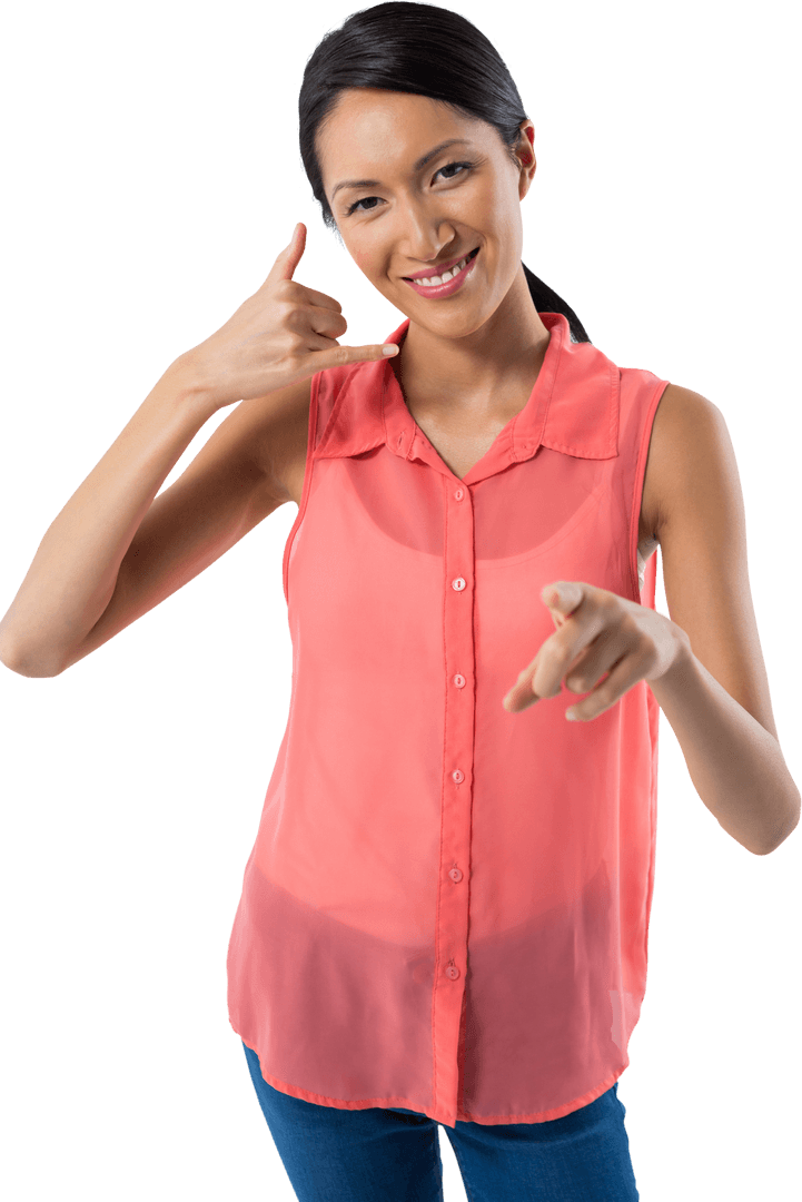 Smiling Woman Gesturing Phone and Pointing Transparent Background