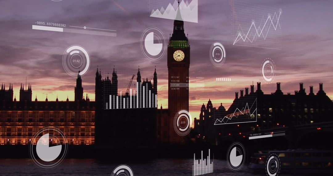 Digital Data Charts Overlay on London Cityscape at Dusk