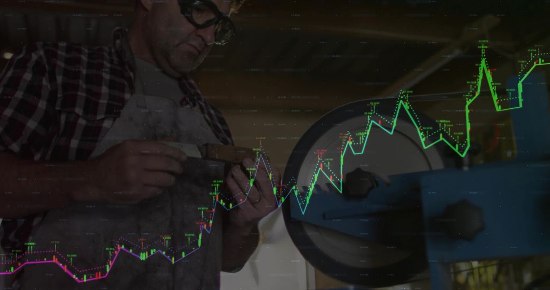 Craftsman Using Grinding Tool with Overlapping Digital Chart