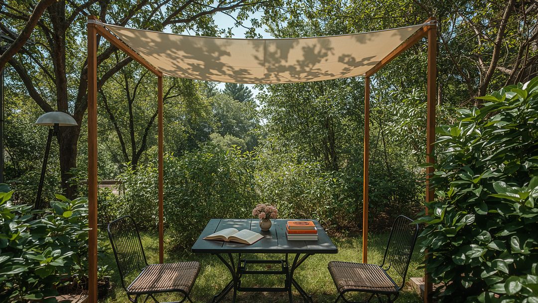 Rustic Garden Table with Metal Chairs and Canopy for Relaxation