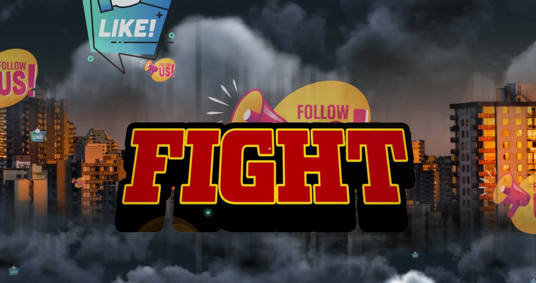 Social Media Concepts Over Cloudy Cityscape with Emphasis on Fight