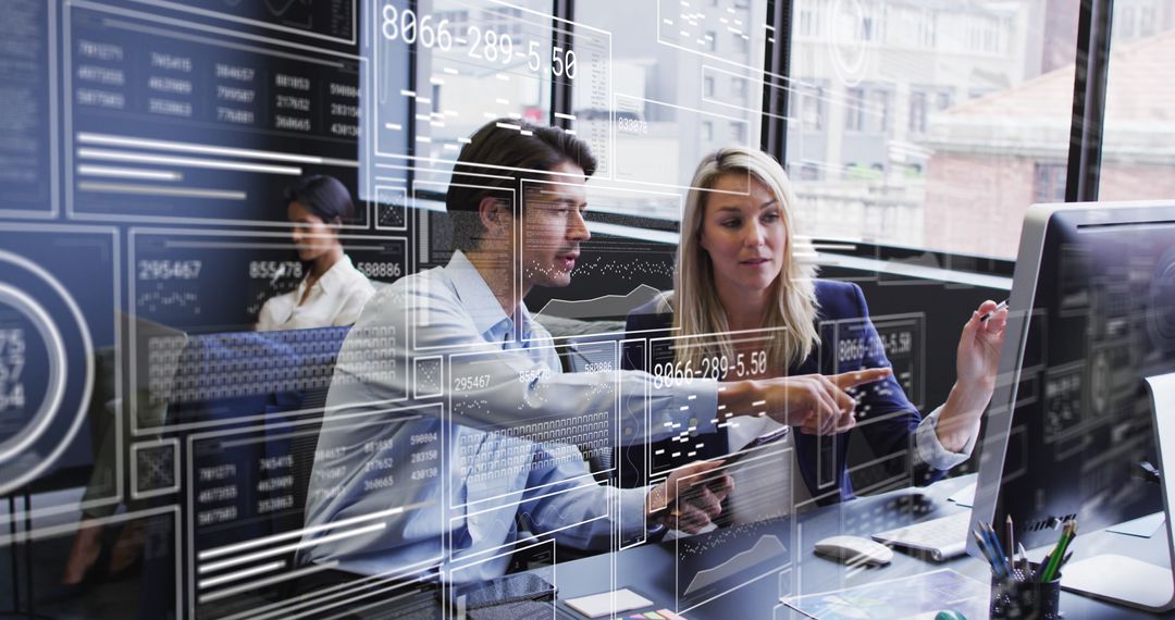 Coworkers Discussing Business Reports With Virtual Interface Overlays