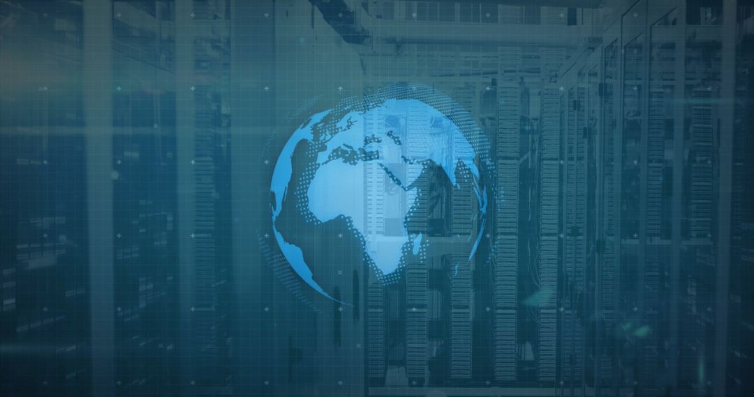 Digital Globe Overlay on Server Racks Illustrating Global Connectivity