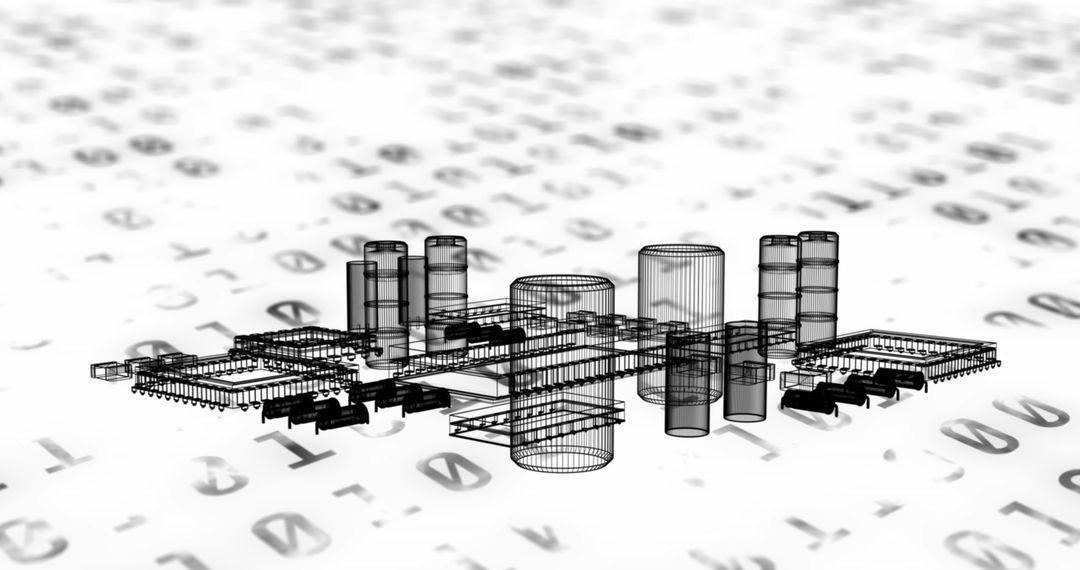 3D Architectural Model Over Binary Code Background
