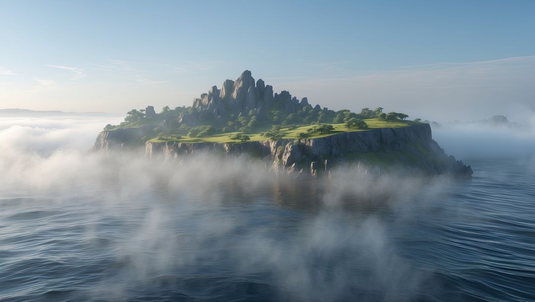 Mystical Island Emerging from Misty Sea with Verdant Plateau