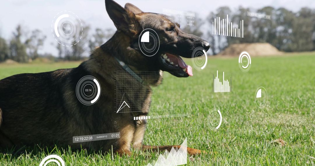 German Shepherd with Futuristic HUD Overlays Relaxing on Grass