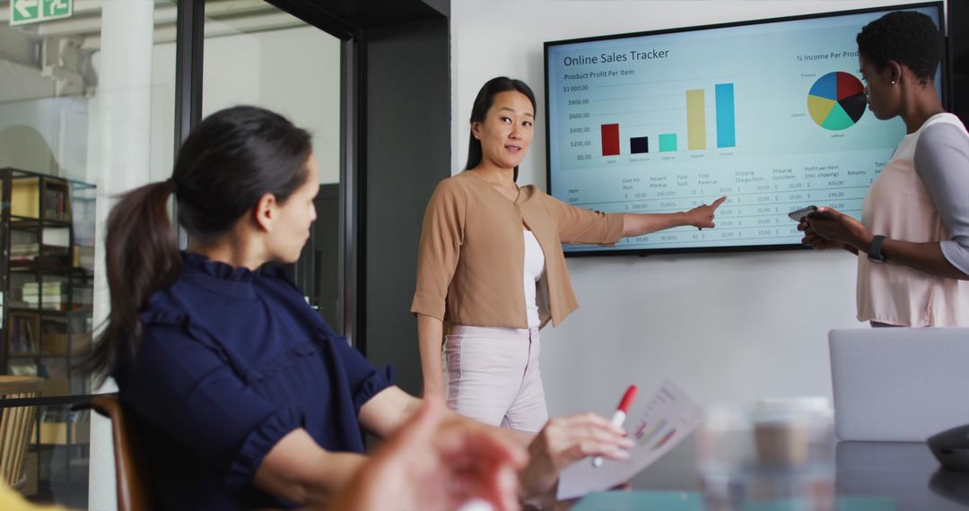Diverse Businesswomen Delivering Online Sales Presentation in Modern Office