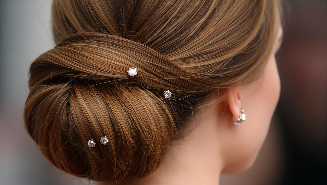 Showcasing Elegant Low Chignon with Crystal Hairpins and Sparkling Cluster Earrings