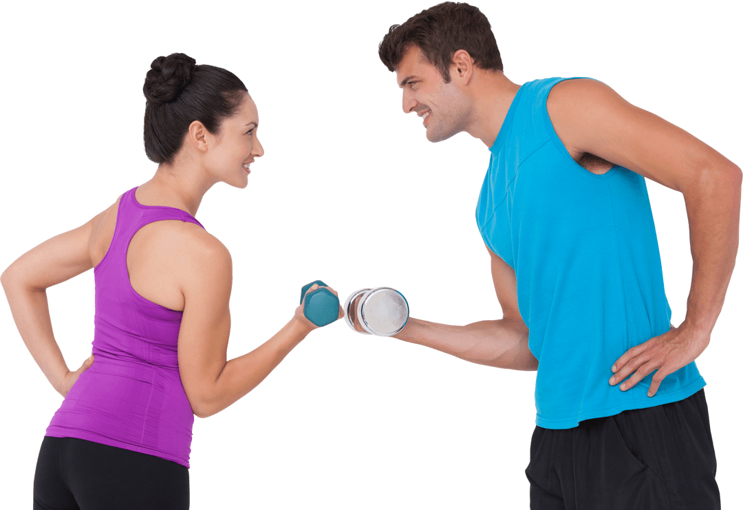 Transparent Fitness Couple Exercising with Dumbbells Smiling