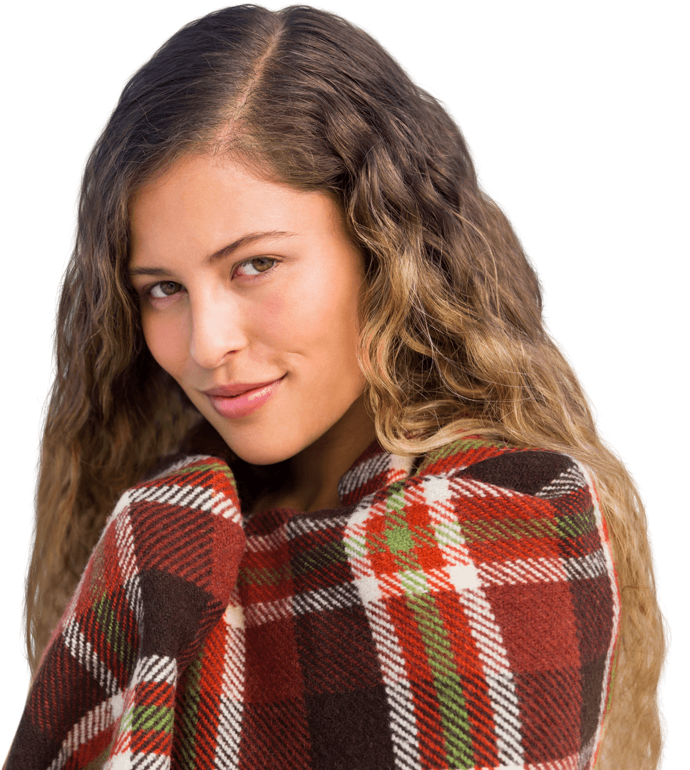 Beautiful Woman Smiling Wrapped in Warm Plaid Blanket on Transparent Background