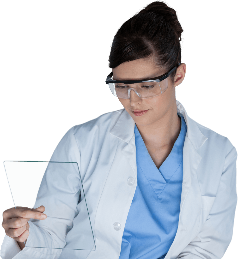 Transparent Innovative Scientist Holding Digital Panel with Safety Glasses