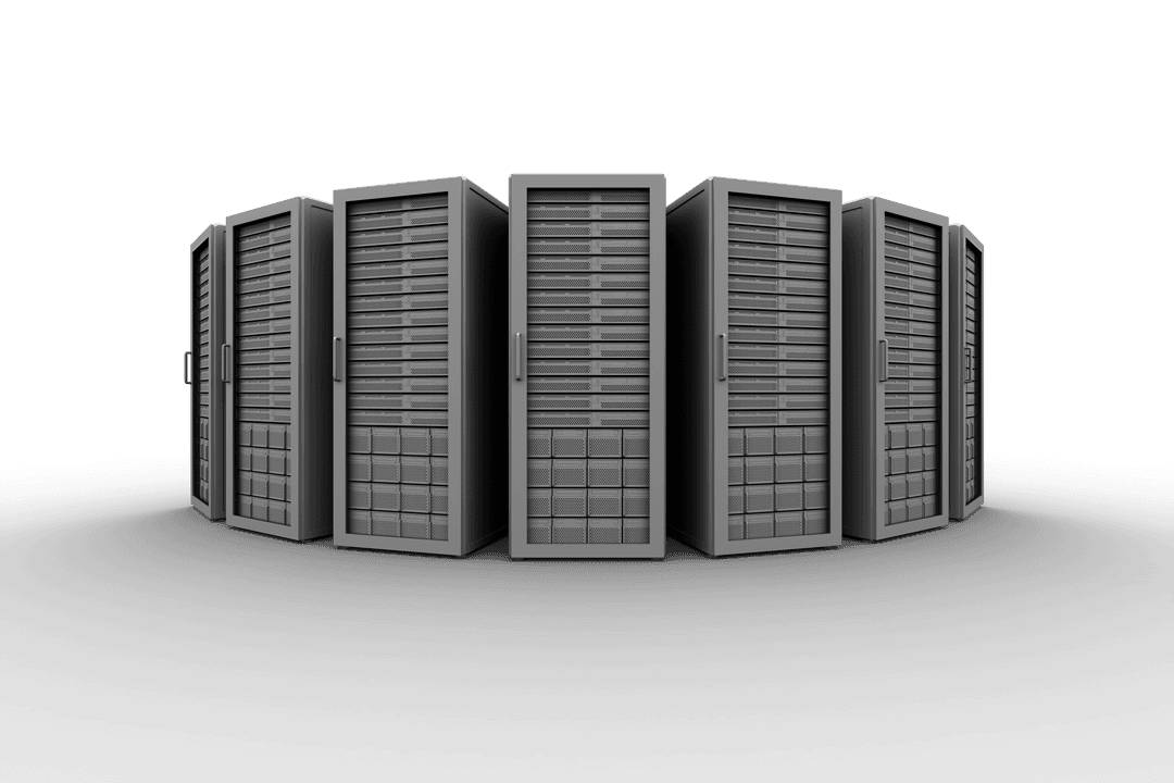 Row of Black Computer Servers on Transparent Background