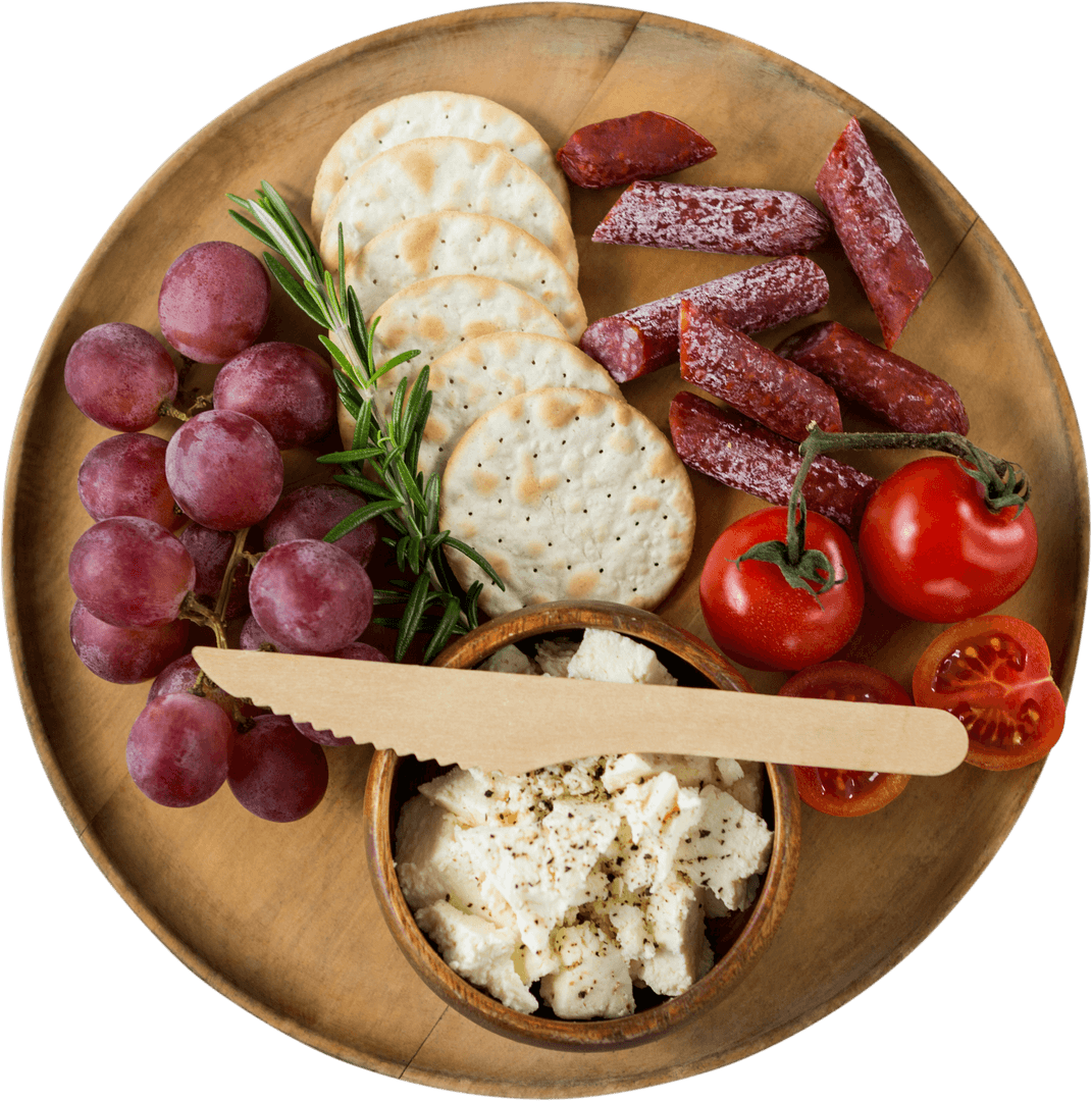 Transparent Wood Platter with Cheese, Crackers and Fresh Fruits