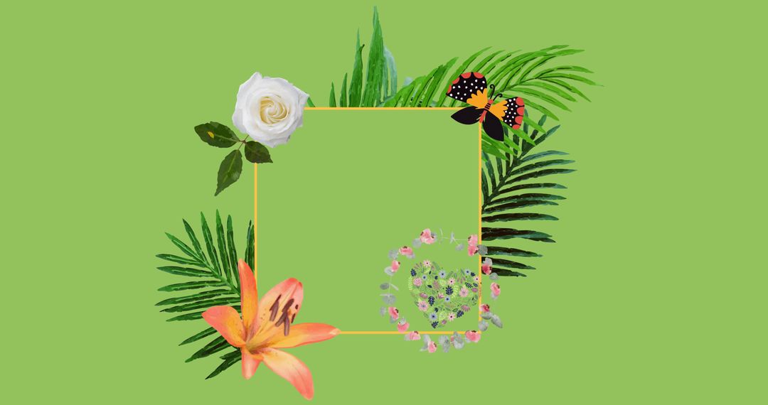 Floral and Palm Frame with Butterflies in Green Background