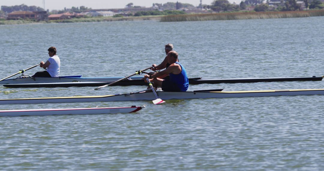 Competitors Rowing in Canoes during a Race on a Lake - Free Images, Stock Photos and Pictures on Pikwizard.com