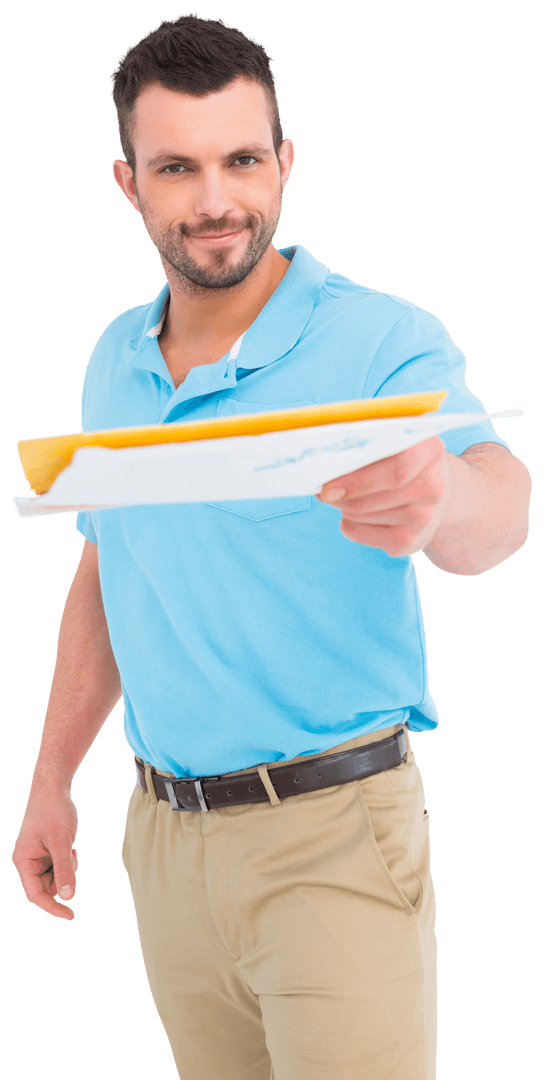 Happy Man Holding Documents on Transparent Background