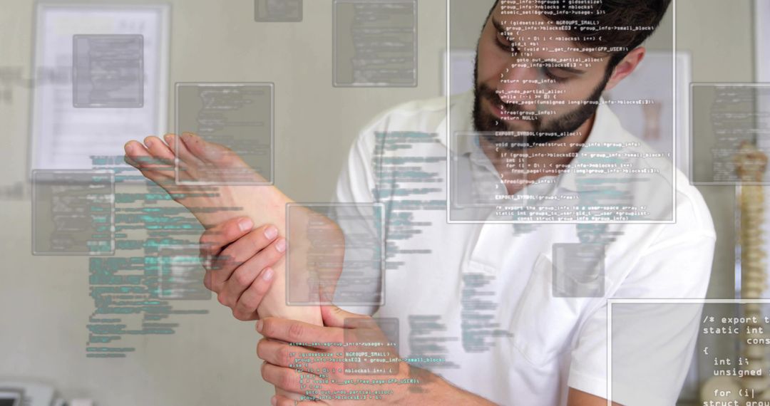 Physical Therapist Stretching Patient Foot with Digital Code Overlay for Biomechanics Tech