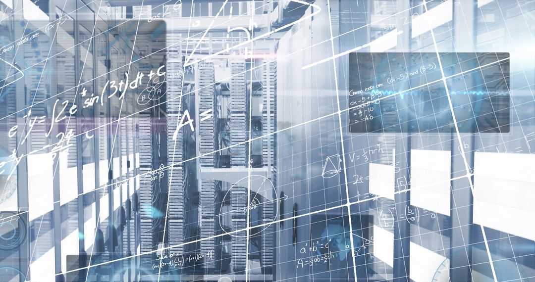 Abstract Data Processing Overlaid on Modern Server Room