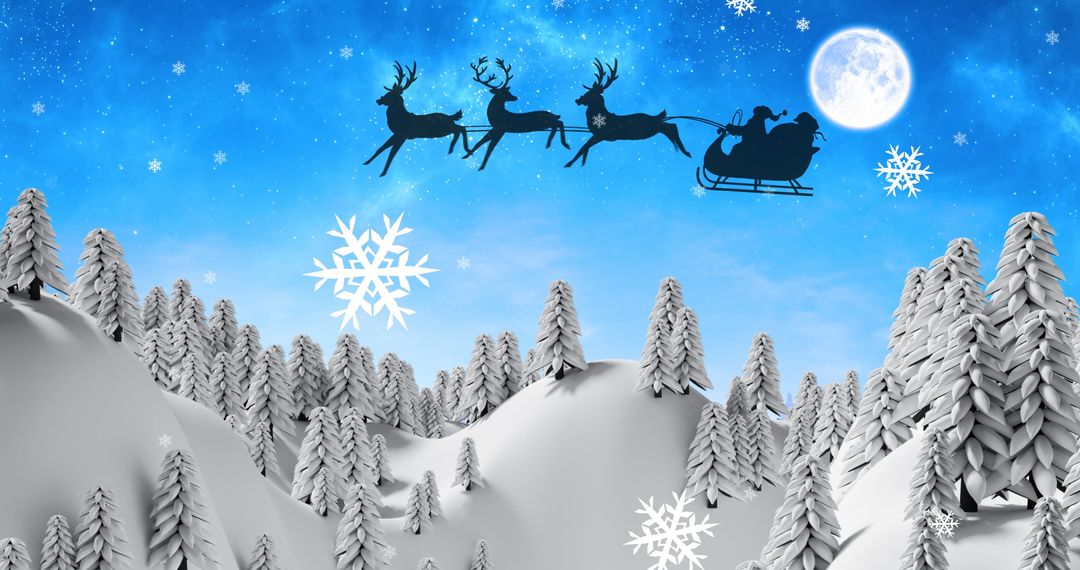 Silhouette of Santa Claus Flying with Reindeer Over Snowy Winter Wonderland - Free Images, Stock Photos and Pictures on Pikwizard.com