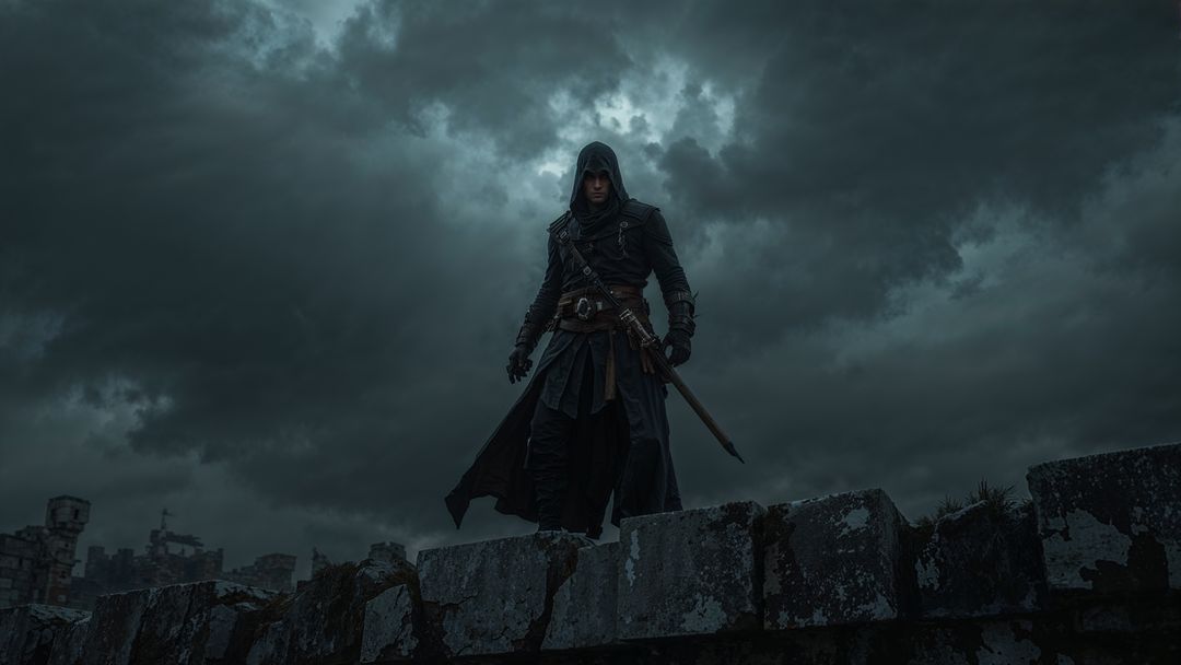 Hooded assassin warrior on fortress battlement amidst dark skies