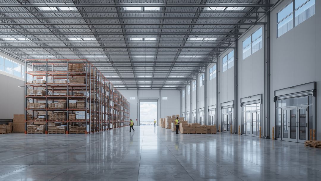 Spacious Modern Warehouse with Worker Walking by Industrial Shelving Racks