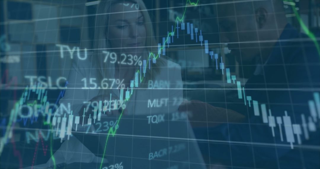 Financial Professionals Analyzing Data with Digital Overlay