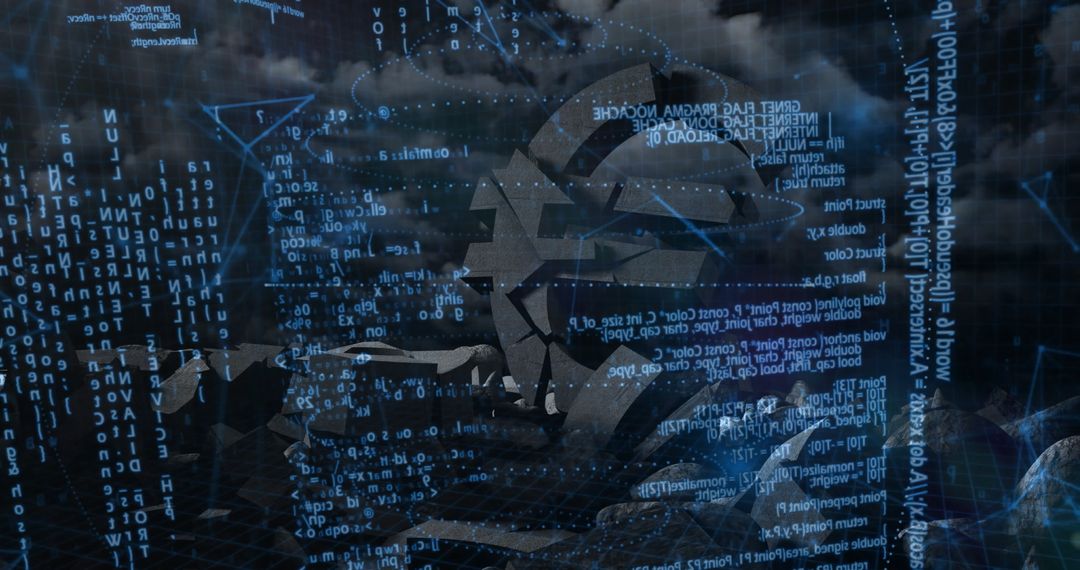 Abstract Cybersecurity Helmet with Code and Nodes on Digital Grid